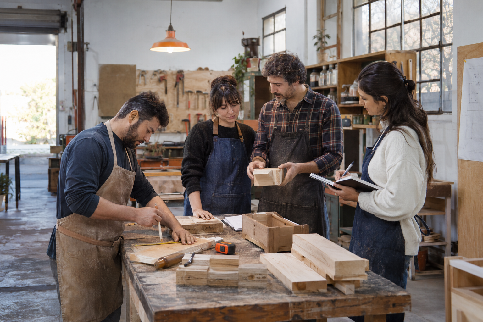 Equipo de una PyME coordinando el trabajo en un taller